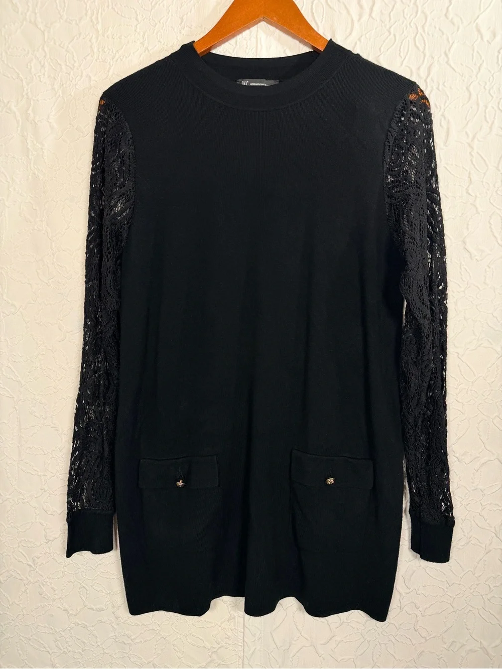 INC International Concepts Black Tunic Lace Sleeve Gold Button Sweater Sz XL